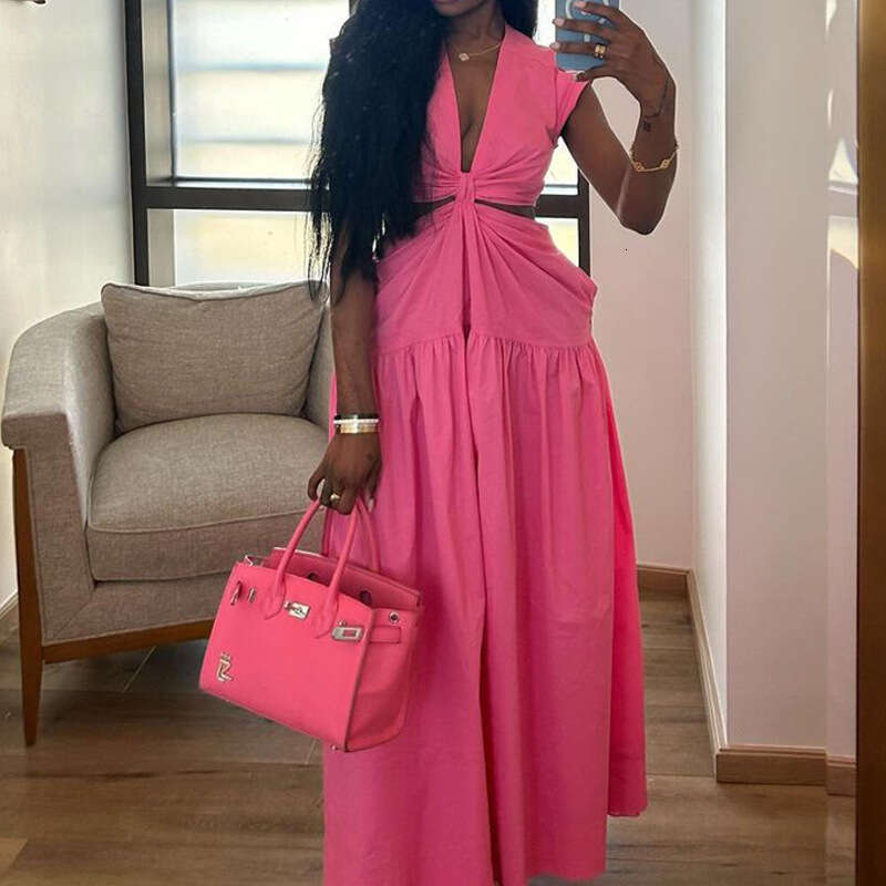 Minimalist Waist-Exposing Summer Women's Solid Color Long Dress B5