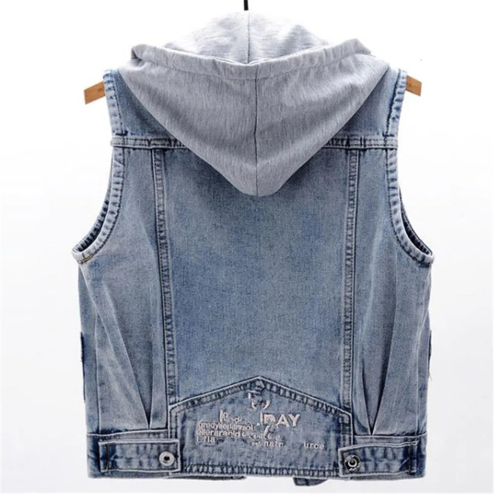 Short Denim Hoodies Women Removable Hooded Coat Spring Side Pockets Sleeveless Jeans Jackets Female Tops Sweaters Fall 250729