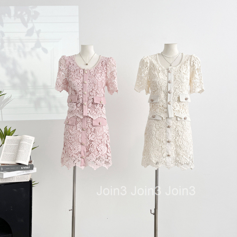 Summer New Fashionable Socialite Design Two-Piece Set Slimming Lace Hollow Short Sleeve Top + Short Skirt Set for Women