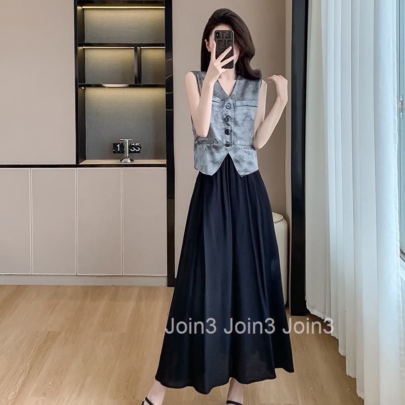 Summer New Slimming Skirt Two-Piece Set Satin Sleeveless Vest Top Half-Length Skirt Set for Women