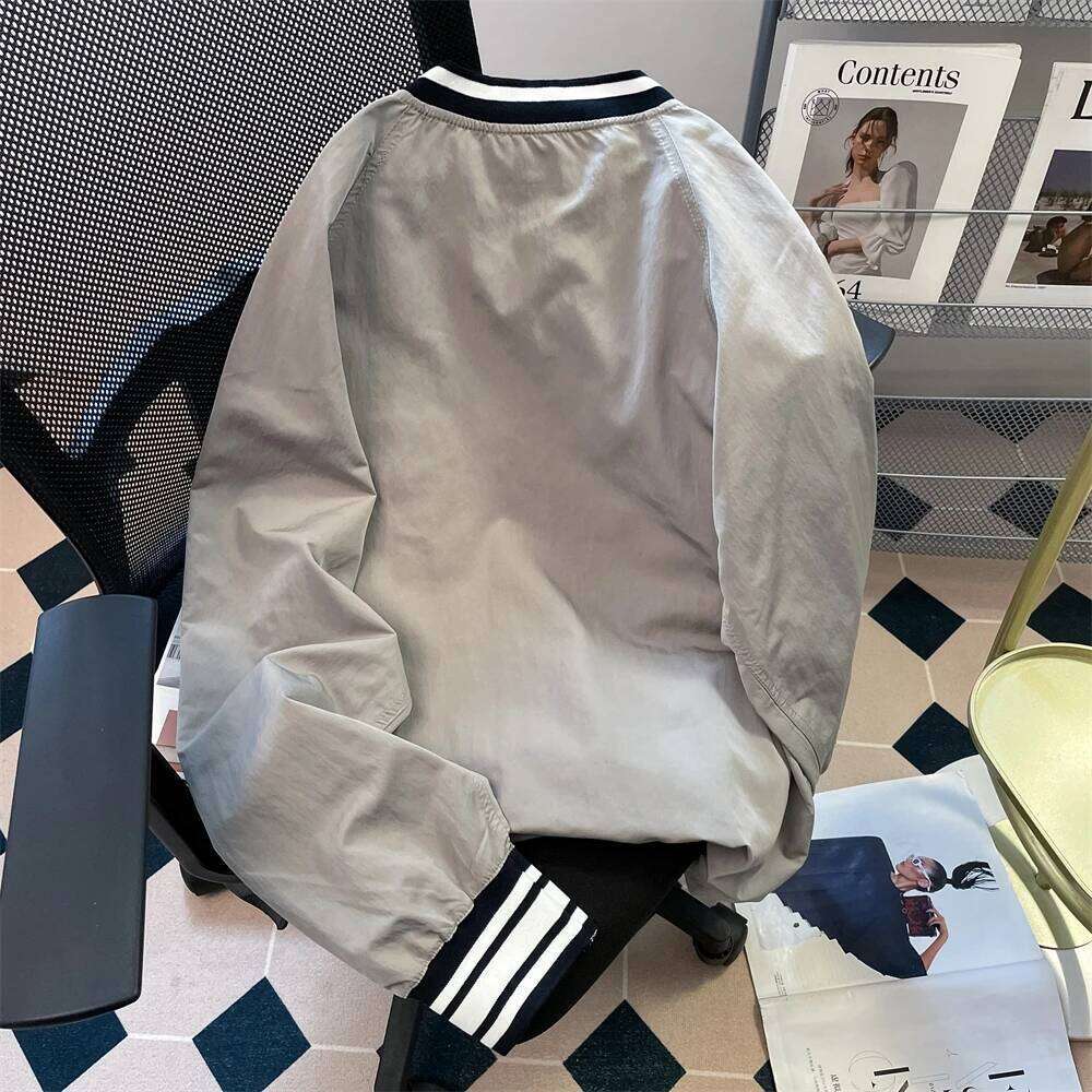 American Hip Hop Shirt Casual Sports V-neck Baseball Uniform Hoodie Women's Autumn Chic Hong Kong Retro College Jersey Jacket