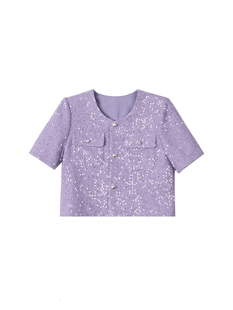 Womens Elegant Shiny Sequined Short Sleeve Tweed Jacket Lady Summer Streetwear O Neck Single Breasted Pockets Loose Outerwear 250729
