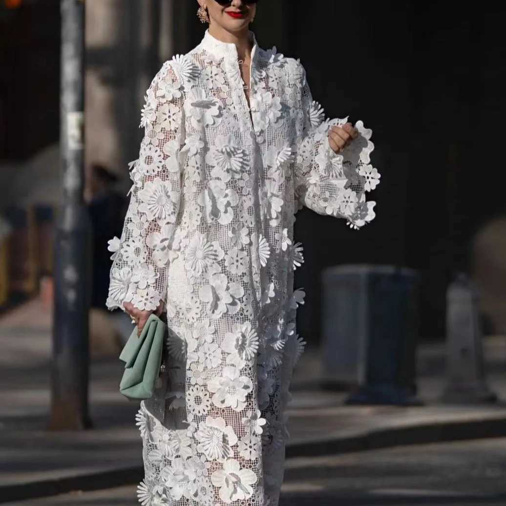 Womens Dress Handmade 3D Embroidered Hollow Design Dress Pure White Dress Elegant Evening Dress Commuter Dress Z250728