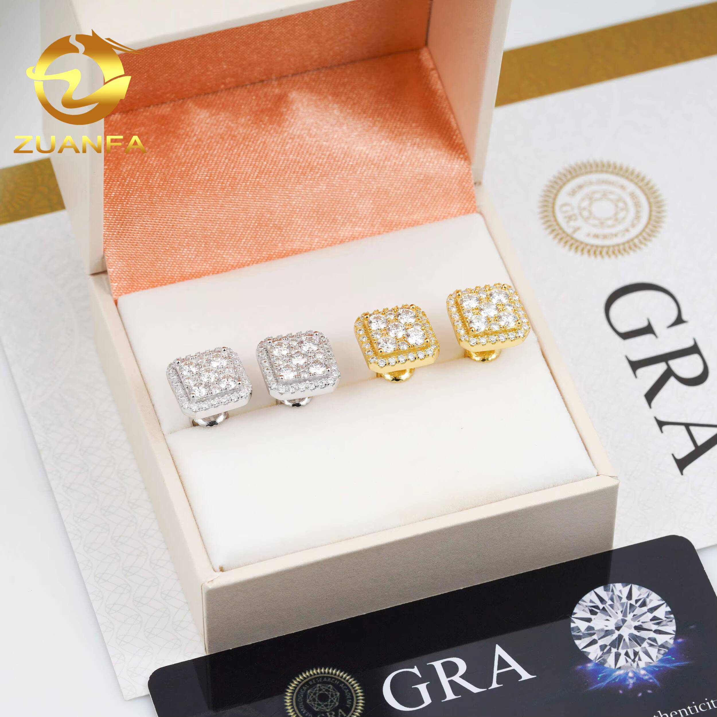 Cheapest Wholesale 11mm Square Screw Back Stud Earrings Hip Hop Mens Moissanite Diamonds 925 Silver Gold Plate Stud Earrings