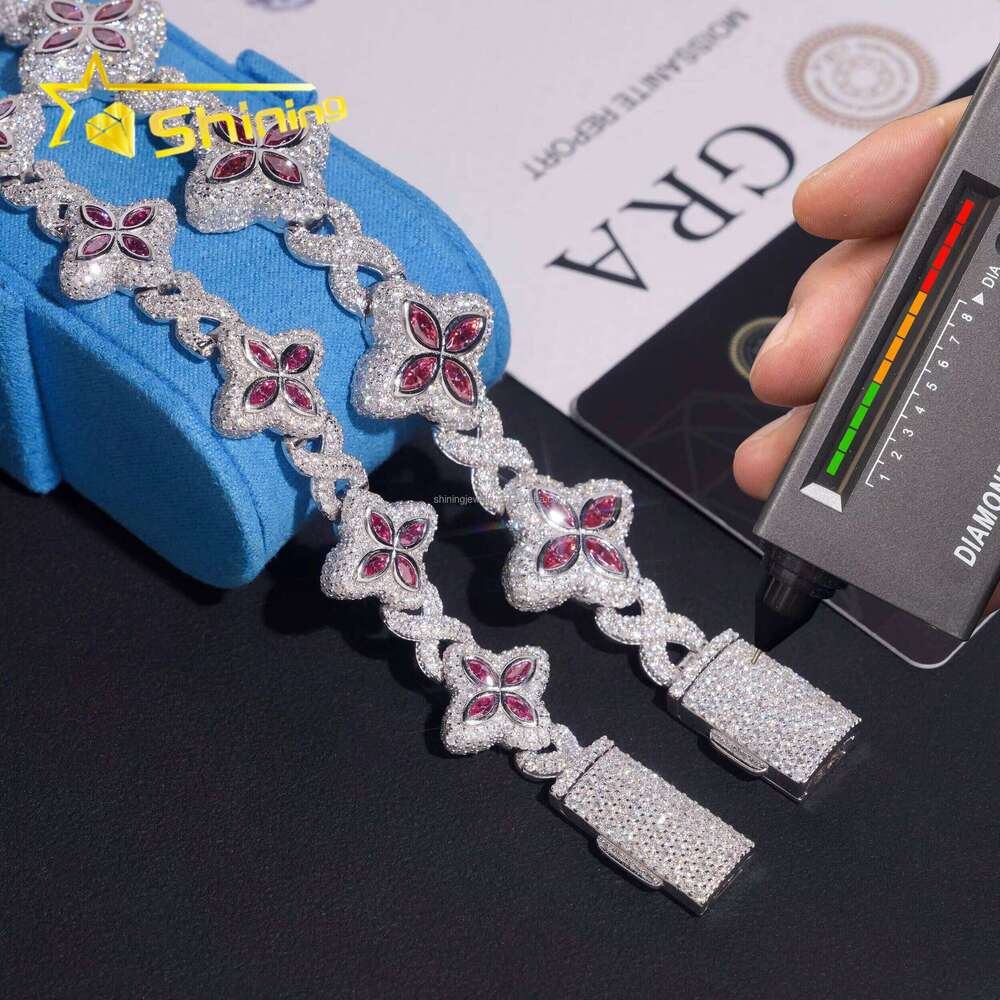 Unique Marquise Design Rapper Jewelry Hip Hop Pink Color Moissanite Iced Out S Sier Cuban Clover Bracelet