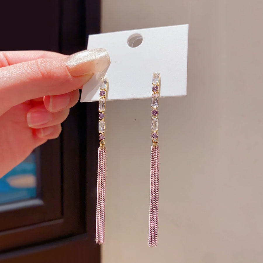 Sier Needle Zircon Chain Tassel Fashion Commuting Elegant Temperament Stud Exquisite Light High-end Feel Earrings for Women