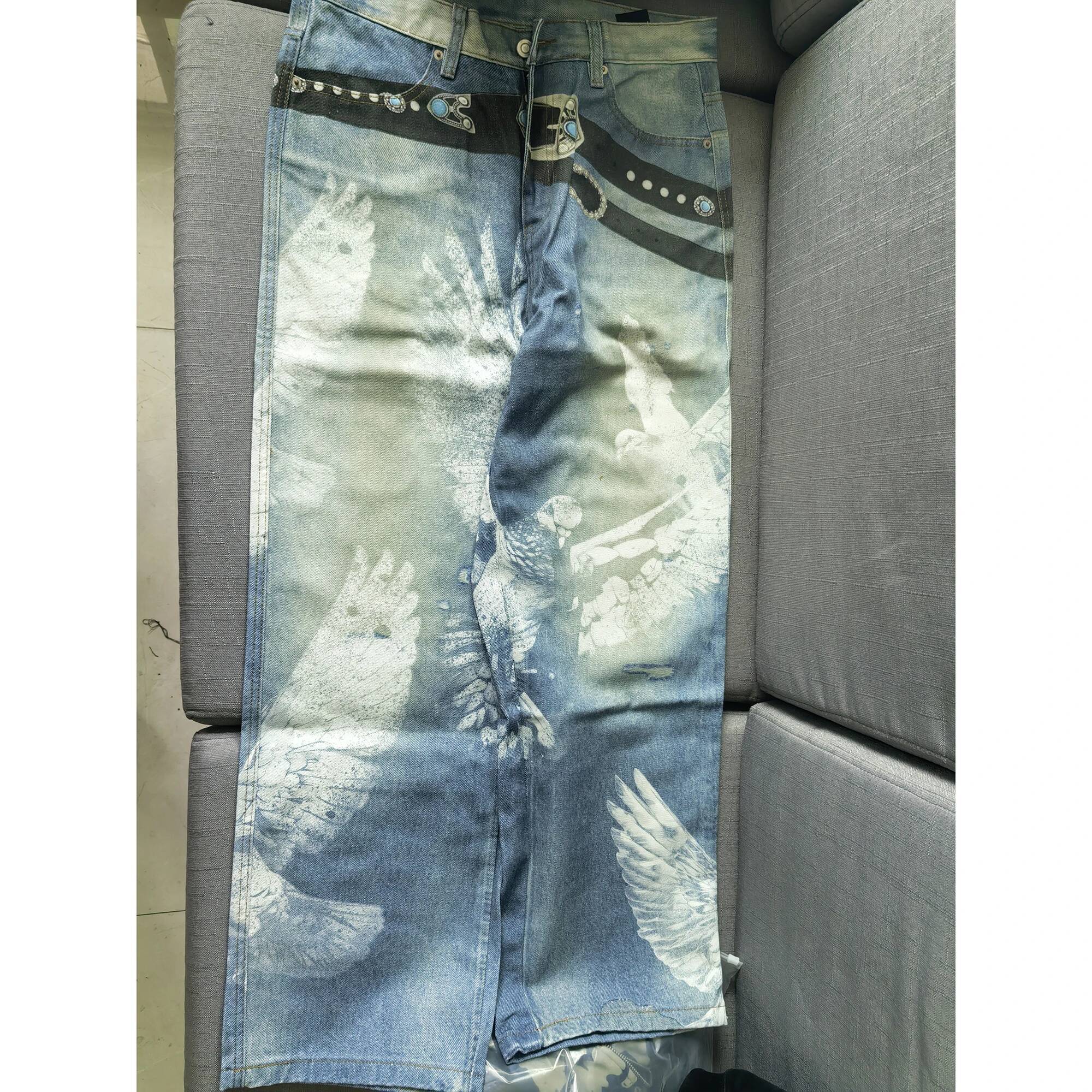 Dove Of Peace Spray Painting Graffiti Y2k American Vintage Streetwear Straight Pants Jeans Loose Casual Men Denim Trousers