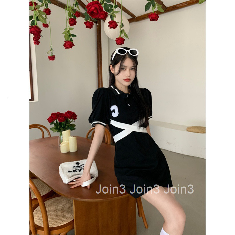 Summer New French Style Lapel Back Tie Color-Block Slim Fit Short Sleeve Dress Bodycon Mini Dress