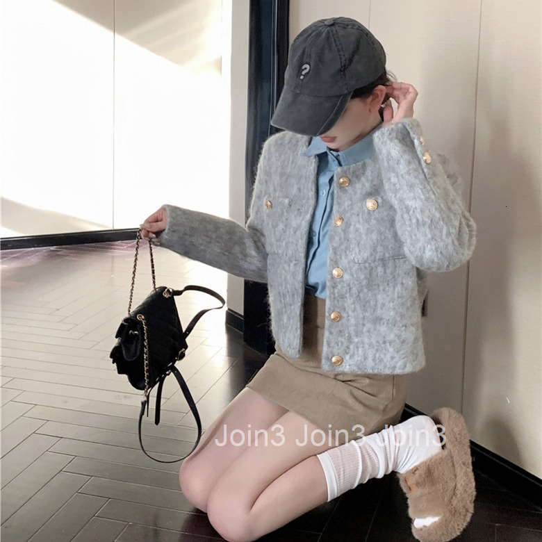 Autumn Winter New French Style Simple Round Neck Single-Breasted Long Sleeve Quilted Woolen Short Coat for Women