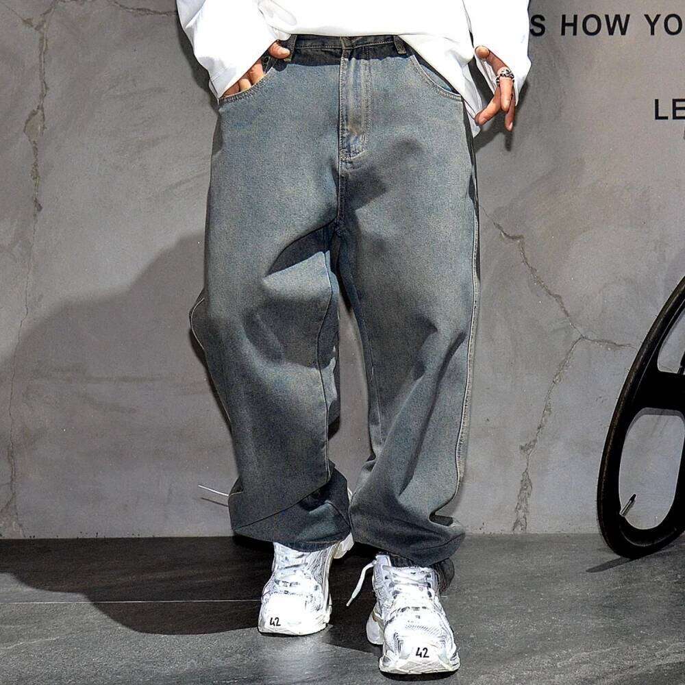 American Streetwear Baggy Jeans For Mens Clothing Vintage Distressed Gray Denim Haruku Casual Skateboard Pants Male 250726