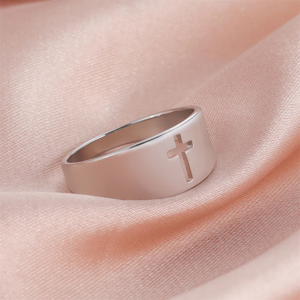 EUEAVAN Trend Hollow Cross Ring for Woman Stainless Steel Christian Jesus Rings Fashion Engagement Religious Jewelry Gifts 250729