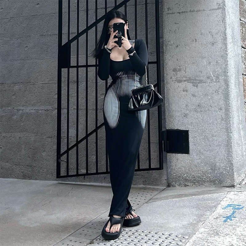 Q23ds586 Autumn New Square Neck Pullover Long Sleeve High Waist Bodycon Mermaid Dress For Women B5