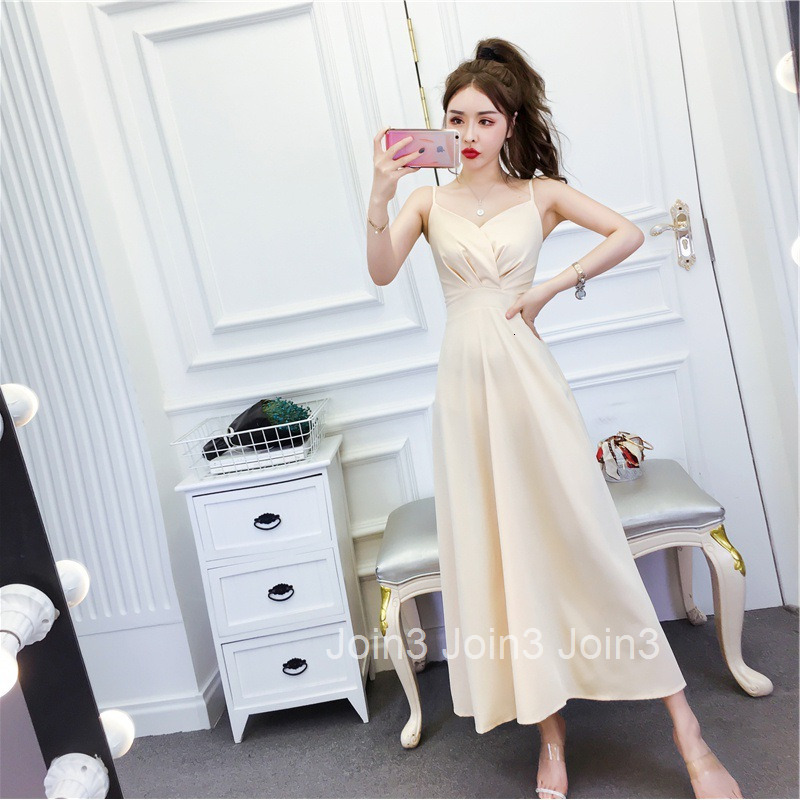 Summer New Fashion Womens Fashion Strap Waist-Cinching Long Dress Large Hem Sleeveless Slim Dress Solid Color