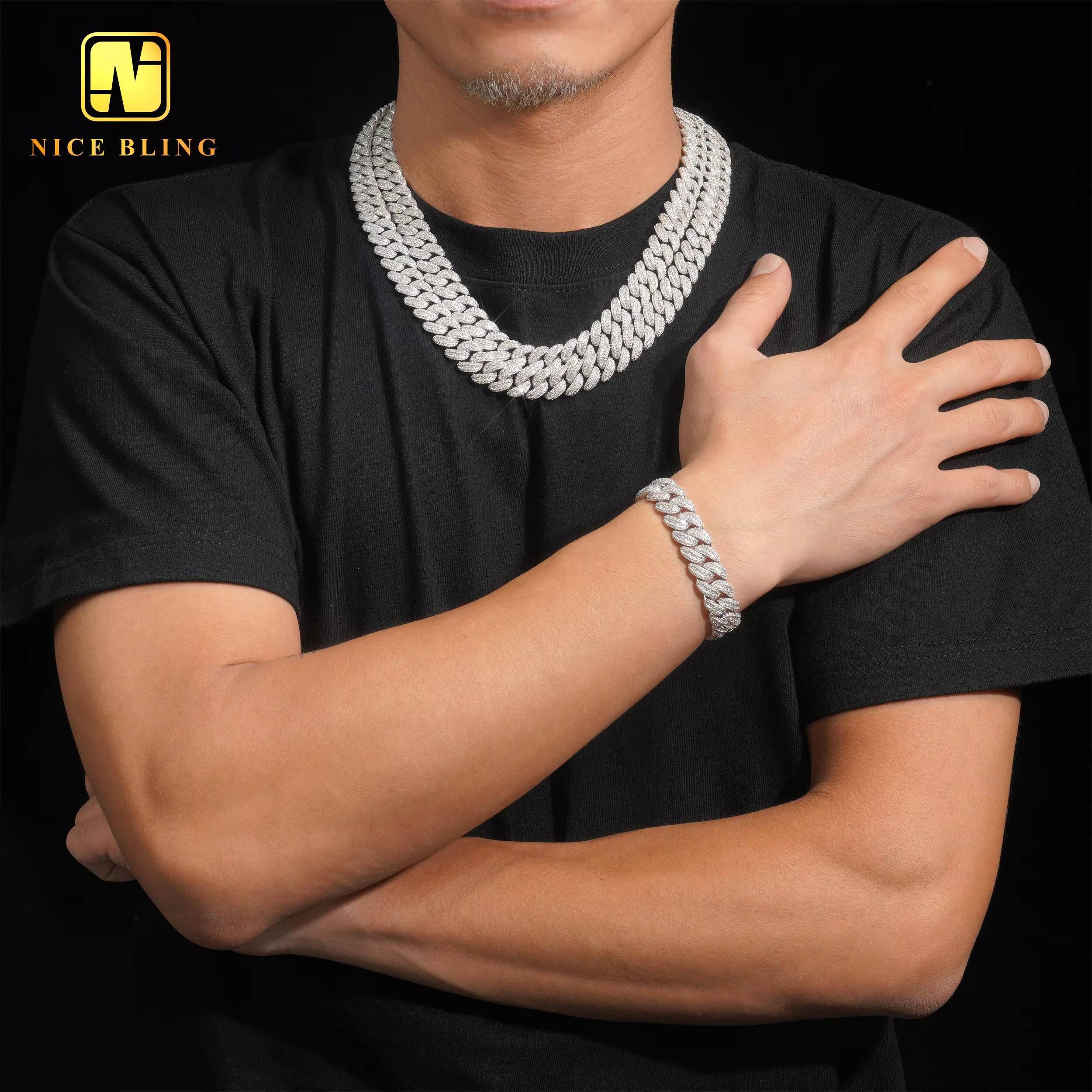 Round Moissanite Cuban Link Chain 13MM Baguette Diamond Cuban Necklace 925 Silver Hip Hop Iced Out Cuban Chains