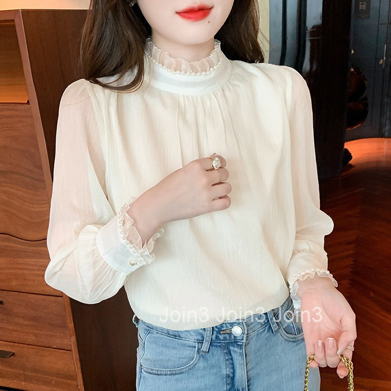 Autumn Winter New French Style Stand Collar Pearl Puff Sleeve Thickened Long Sleeve Shirt Base Shirt Top Plus Size Women