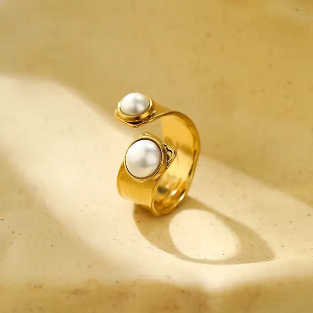 Fashion 18k Gold Plated Stainless Steel Irregular Twisty Open Ring Inlay Pearl Metal Texture Geometric High Quality Charm Jewelry