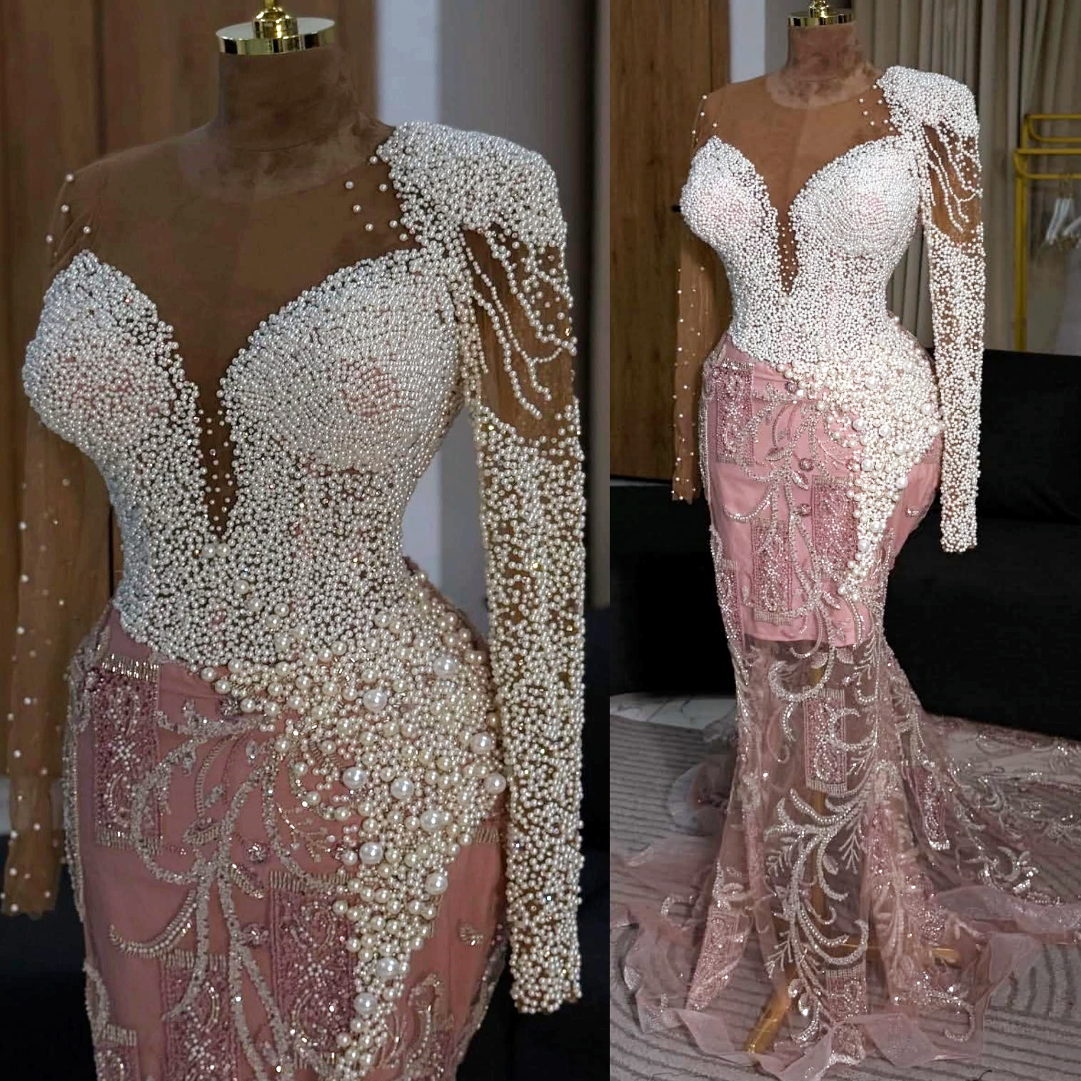 Mermaid Pink Prom Dresses 2025 Pearls Sequined Lace Sparkly Evening Formal Party Second Birthday Engagement Gowns Plus Size Dress For Special Occasion
