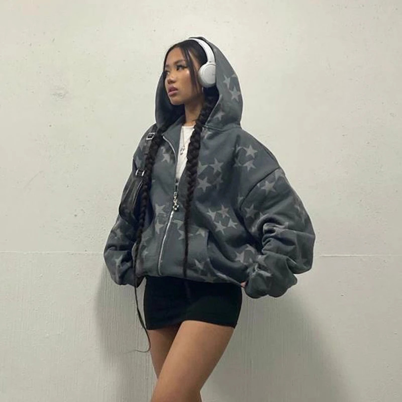 Women Hoodies Gothic Vintage Hip Hop Grunge Jacket Star Print Zip Up Coat Casual Harajuku Loose Sweatshirt Clothes Y2K Tops 250729