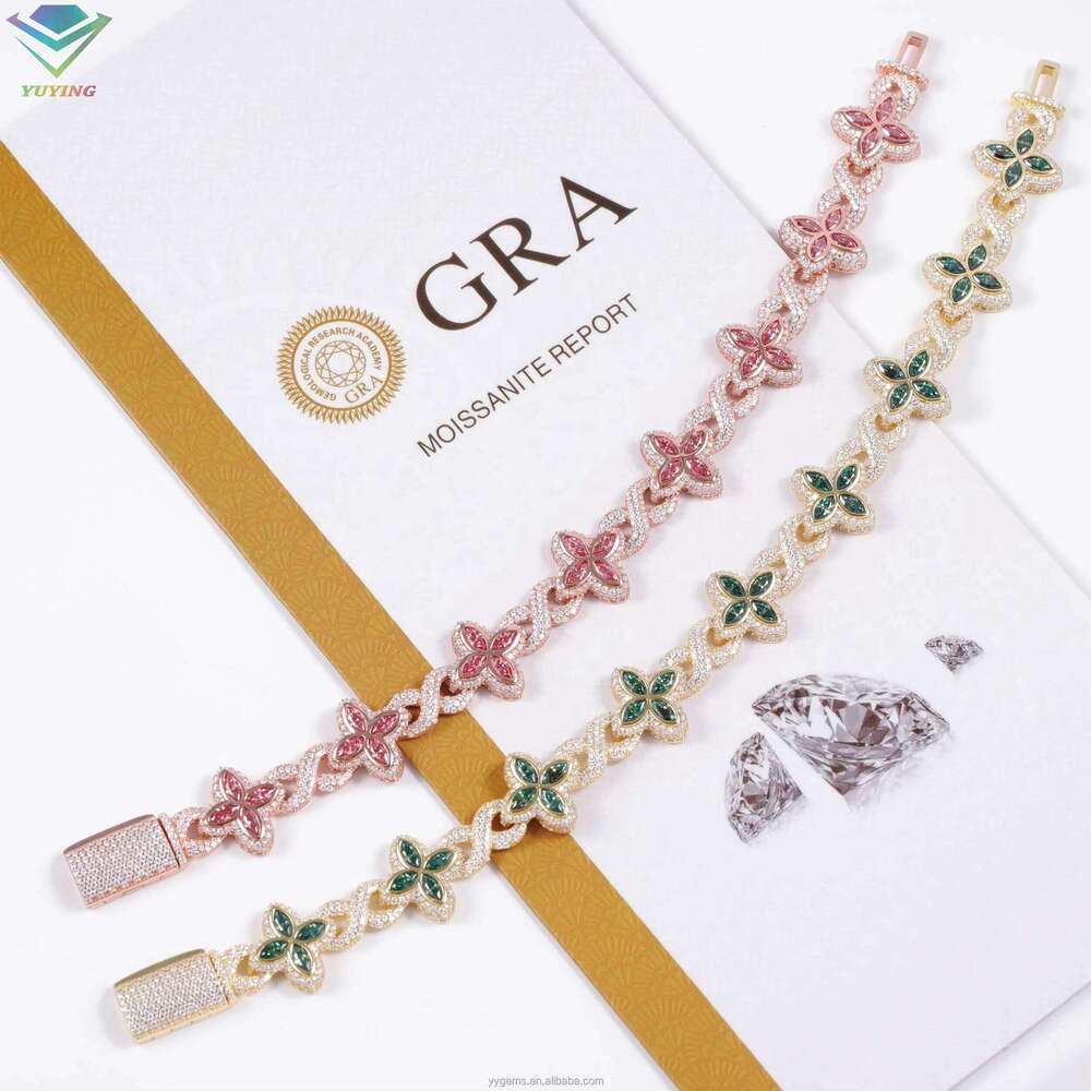Fashion Hip Hop Jewelry 12mm Rose Gold Sterling Sier Colored Moissanite Dia Four Leaf Clover Infinity Link Bracelet