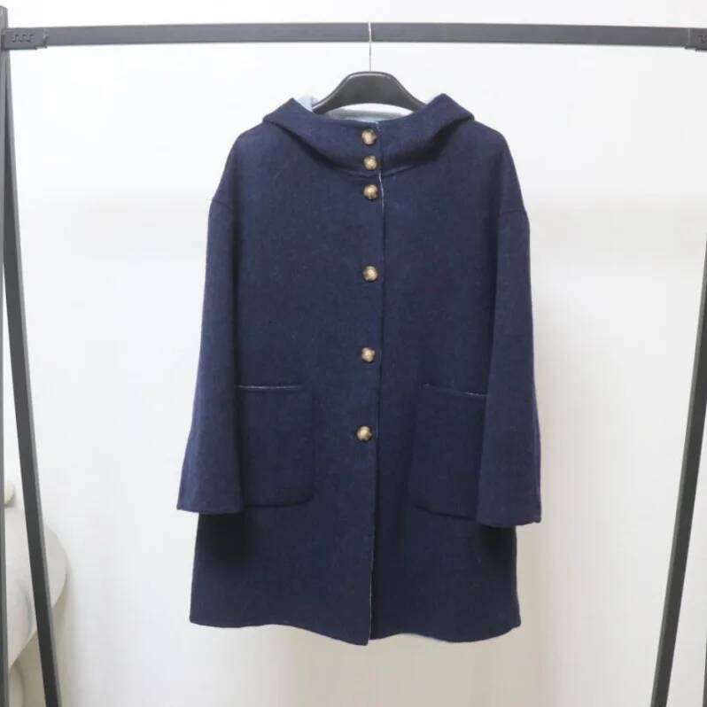 Women's Autumn Winter Hooded Long Sleeve Loose Coat Lady Chic Streetwear Solid Color Single Breasted Pocket Wool Outwear