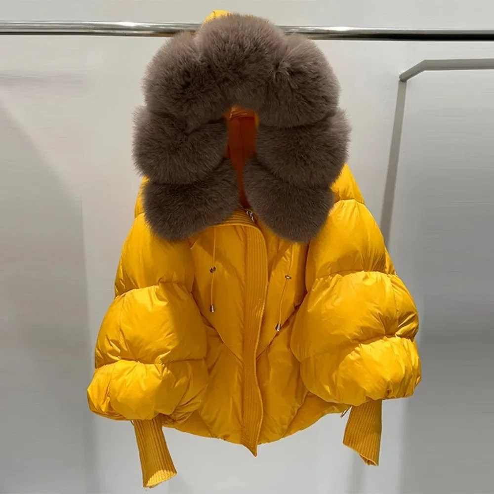 Coat Women Winter Jacket Large Fur Hooded Puffer Jacket Women Thick Warm Knitted Sleeve Coat White Duck Down Mid Parka 250723