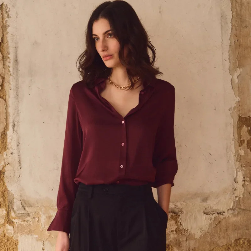 Satin Vintage Womens Shirts Springsummer Solid Korean Clothing Loose Long Sleeves Tops Poloneck Fashion Women Blouses 250724