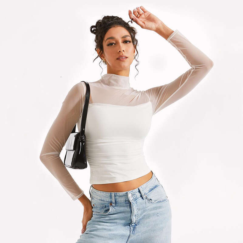 Ytp0 Women's Autumn New Solid Color Half High Collar Mesh Splicing Sexy T-Shirt Top B5