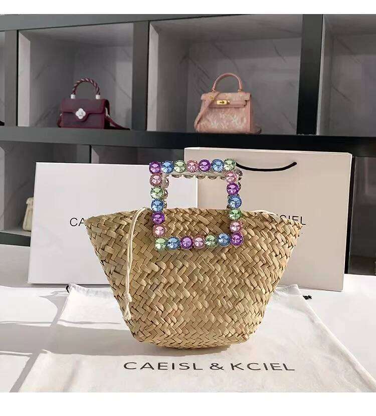 Summer Straw Woven Handmade Handbag Women Bucket Crystal Shiny Rhinestone Dia Tote Female Holiday Vacation Beach Bag