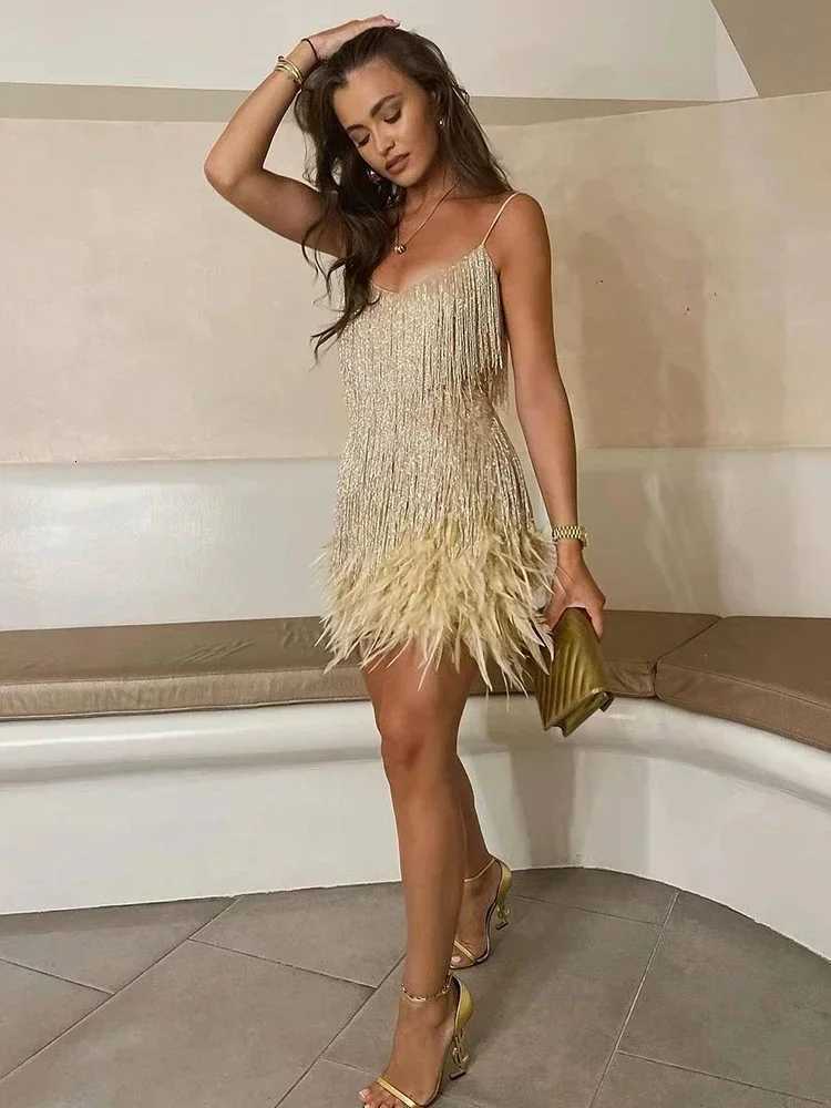 Taruxy Tassel Sequins Dress Women Elegant Feather Spaghetti Straps Mini Dresses Summer Sexy Party Club Evening Dresses Vestidos Z250728