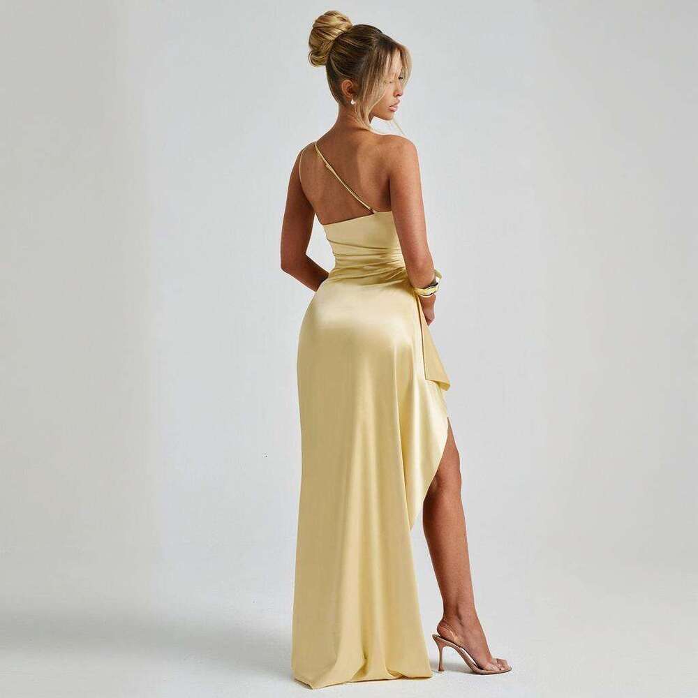 2025 Summer New European and American Cross-Border Foreign Trade Asymmetrical Neck Split Women's Sexy Slim Evening Dress In Stock
