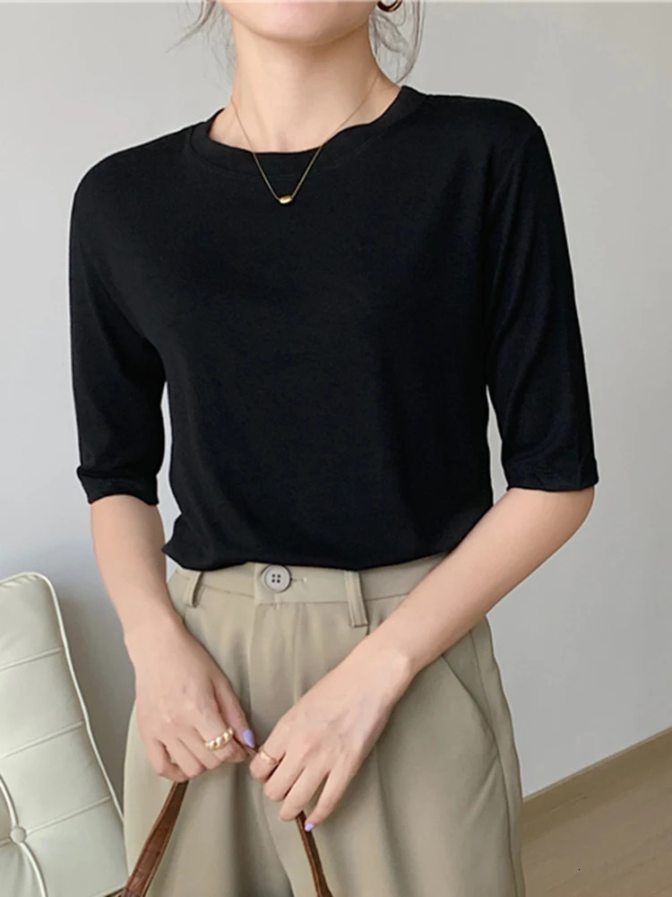 2025 Summer Half Sleeve T Shirts Women Cotton Tops Tees Solid O Neck Female Casual Basic Elastic Slim T Shirt Casual Top 250724