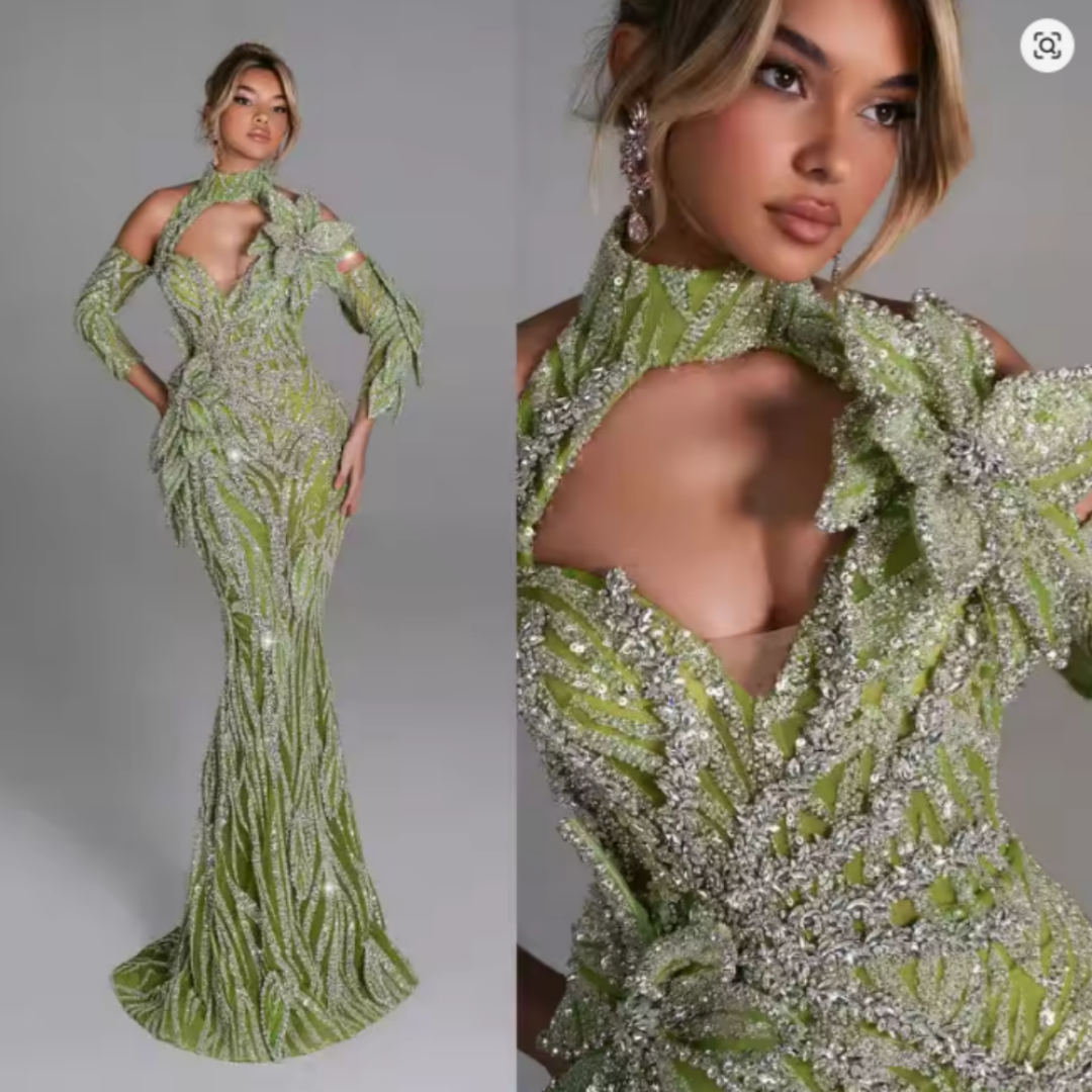 Gorgeous Crystal Evening Dresses Sequins Prom Gown Mermaid Party Dresses Long Sleeves Customize Vestidos de noche