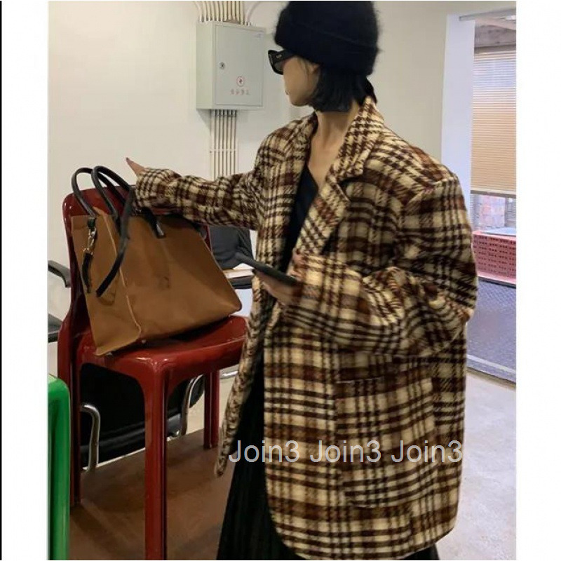 Winter New Melad Plaid Elegant Woolen Suit Coat Loose Mid-Length Long Sleeve Woolen Jacket for Women