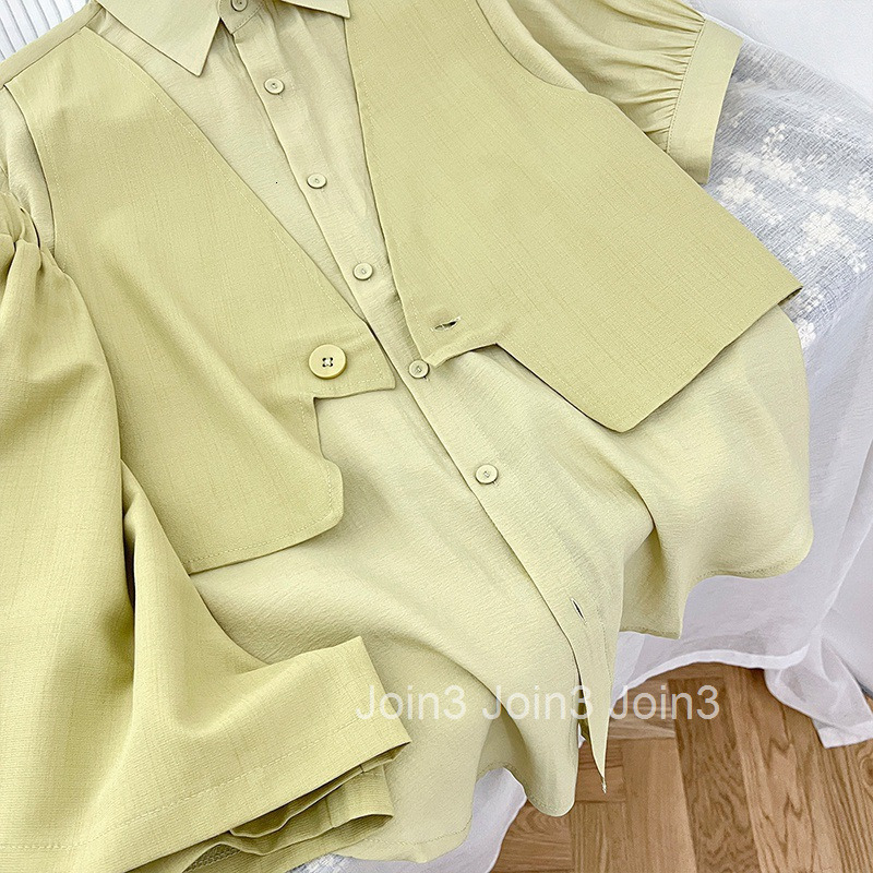 Summer New Design Sense Niche Casual Set for Women Fake Two-Piece Patchwork Short Sleeve Shirt Wide-Leg Shorts Two-Piece Set for Women