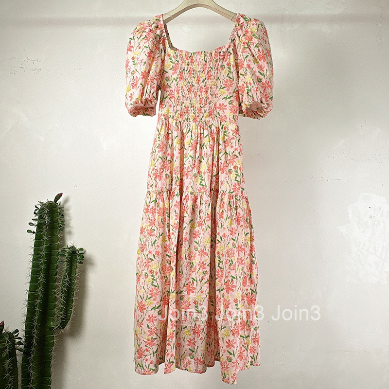 Summer French Fashion Square Neck Waist-Cinching High-Waist Skirt Floral Print Short Sleeve Midi Dress