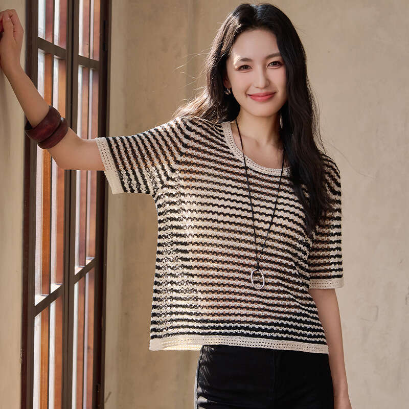 sxzy Summer New Round Neck Mulberry Silk Striped T-Shirt Loose Short Sleeve Hollow Out Slimming High-End Feel Women's Top