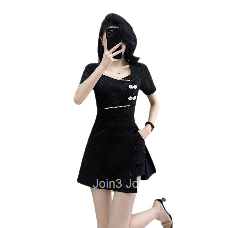 Summer New Plus Size Womens Shorts Set Stretch Slim Improved Cheongsam Short Sleeve Dress + Shorts Two-Piece Set