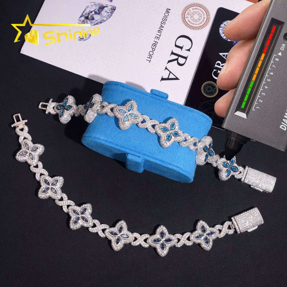 Hip Hop Jewelry Sier 18mm VVS Blue Clover Custom Iced Out Moissanite Bracelet for Men Women