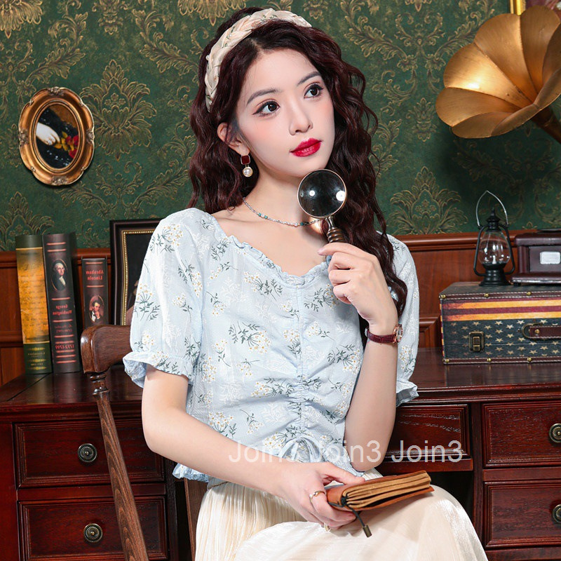 Summer New French Style Plus Size Women Fresh Short Sleeve Floral T-Shirt Short Top Stylish Chiffon Blouse