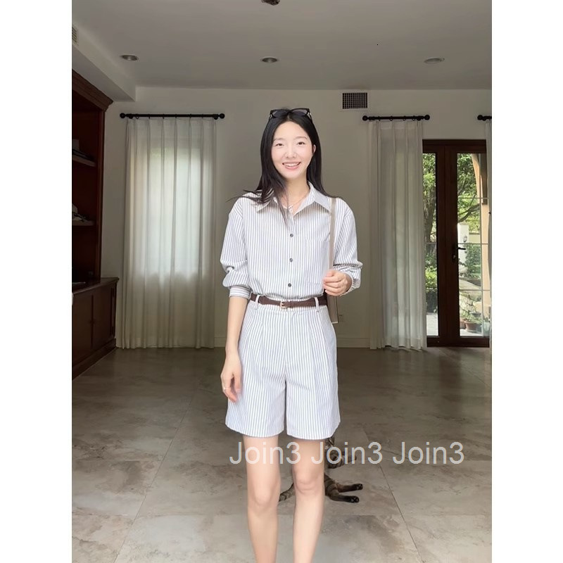 Summer New Slimming Two-Piece Elegant Versatile Striped Shirt + High-Waisted Shorts Set for Women