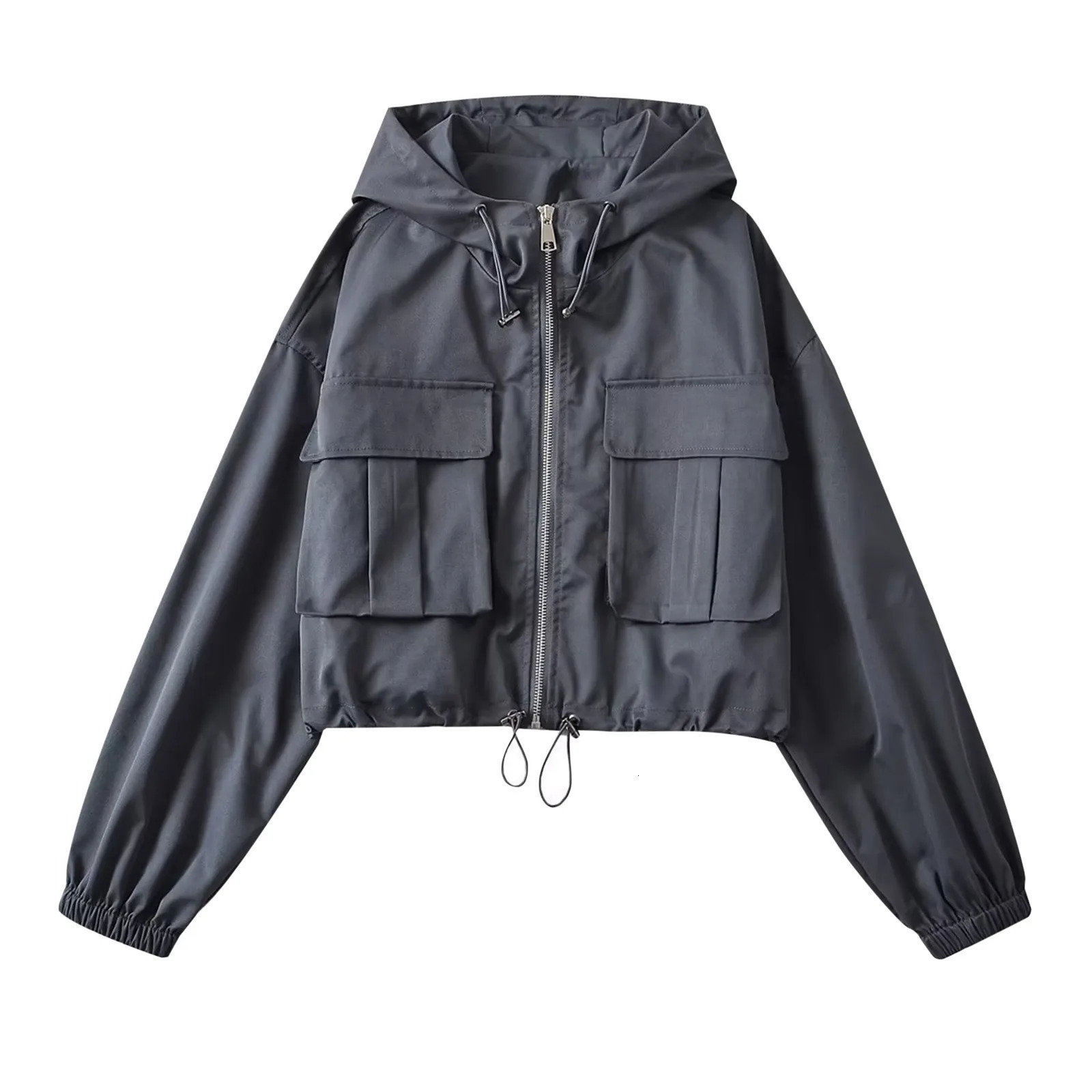 Techwear White Hooded Cargo Cropped Windbreaker Jackets Button Up Coat Women Outdoor Pink Black Top Korean 250729