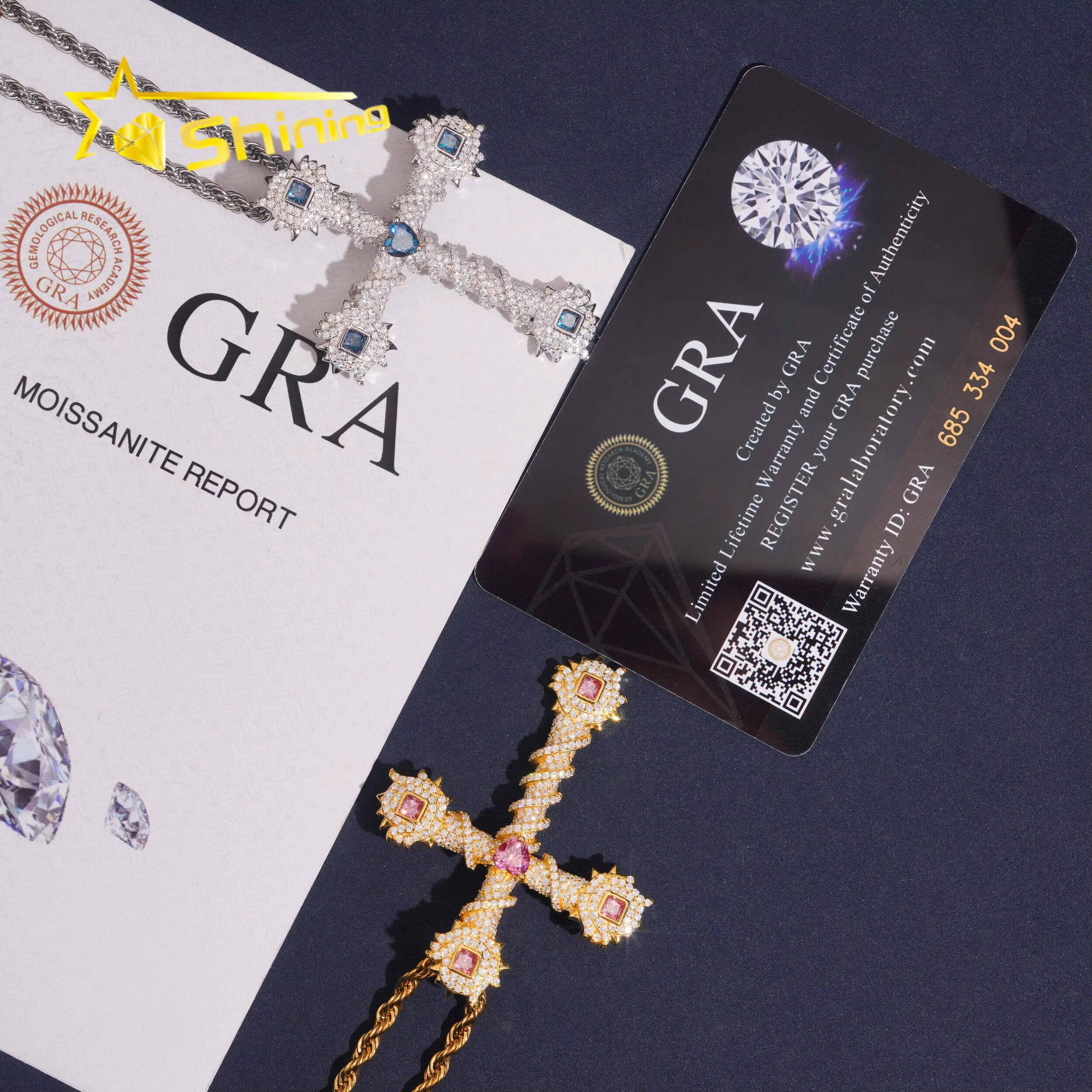 Wholesale Price Fast Shipping Iced Out Cross Pendant 925 Sterling Silver Gold Plated Colorful Moissanite Charms Pendant