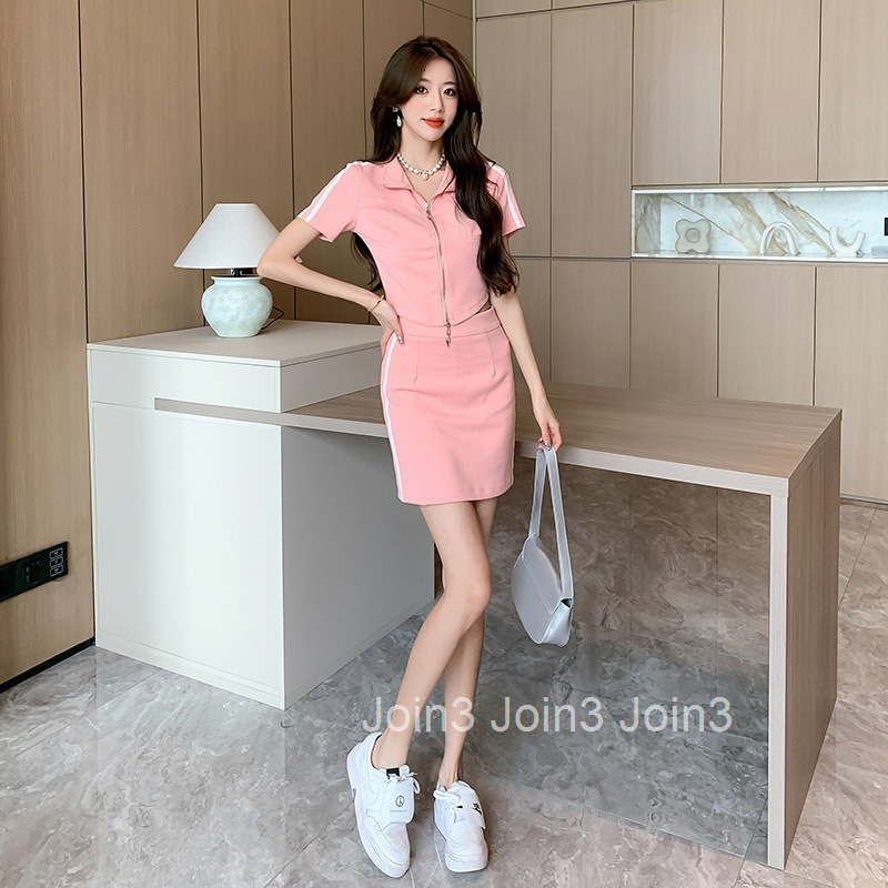 2025 Summer New Fashion Internet Celebrity Casual Street Style Slim Fit Zipper Short Sleeve Top and Skirt Pants Set