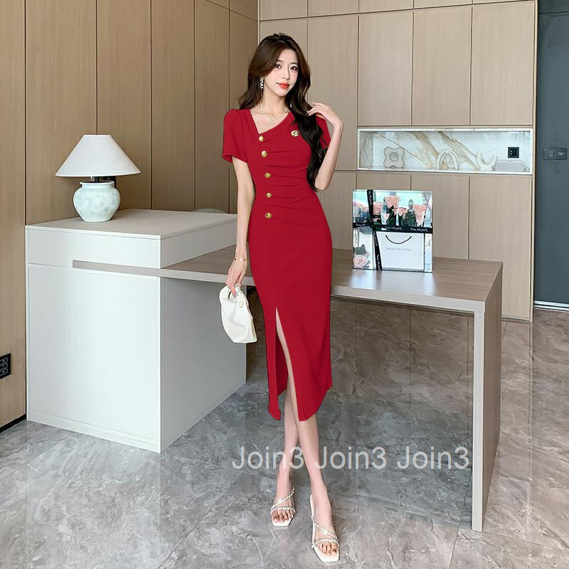 Summer New Elegant Internet Celebrity V-Neck Street Style Single-Breasted Slim Short Sleeve Mid-Length Dress with Slit and Bodycon Design