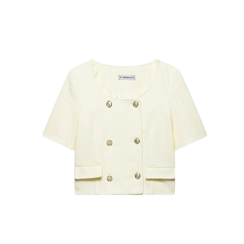 100% Cotton Womens Fashion With Pockets Solid Double Breasted Jackets Vintage Square Collar Short Sleeves Female Chic Lady Outfits 250729