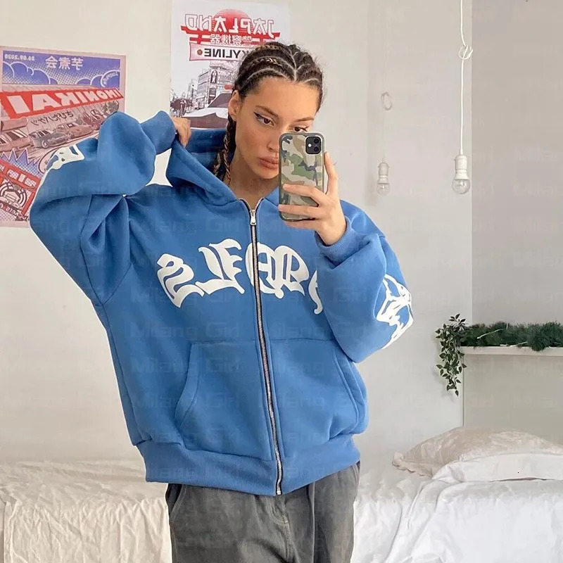 Zip Hoodie Snowflake Letter Print Gothic Punk Sweatshirt Women Hoodies Sport Coat Pullover Long Sleeve Oversized Y2K Jacket 250729