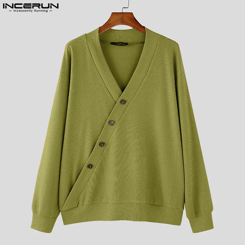 Handsome Well Fitting Tops INCERUN Men Texture Diagonal Sweater Casual Fashion Solid Vneck Long Sleeve S5XL 250729