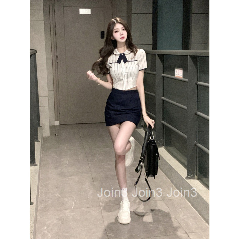 25 Summer New Sweet and Spicy Korean Style Fashion Date Outfit Bow Collar Shirt Top + Bodycon Short Skirt