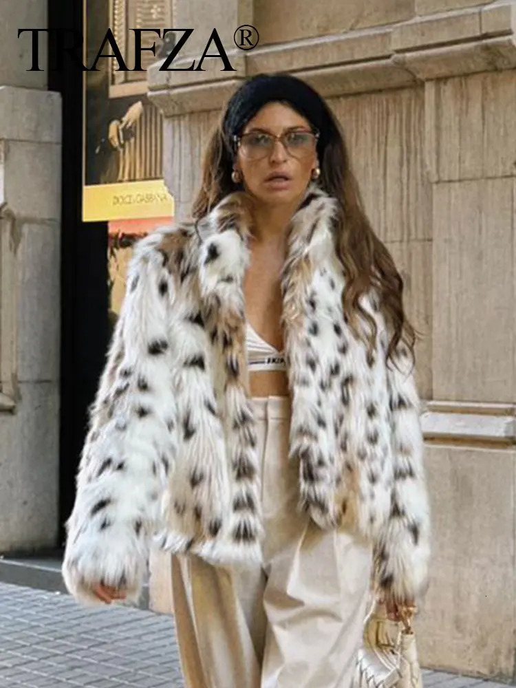 TRAFZA Autumn Winter Women Fashion Print Faux Fur Coat Casual Loose Long Sleeve Plush Thick Warm Jacket Female Y2K Streetwear 250723
