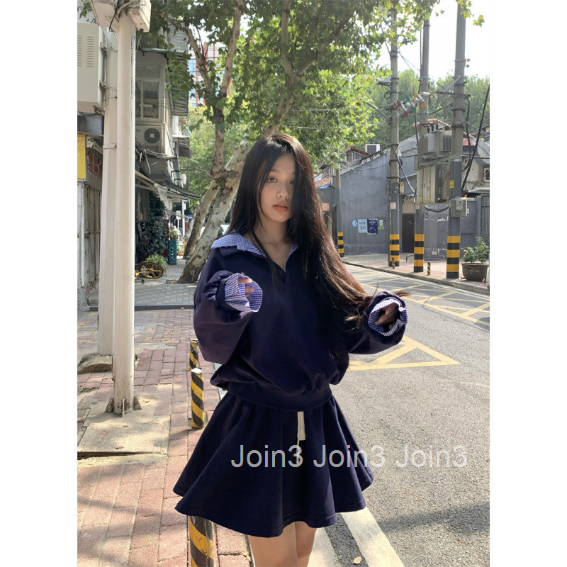 Autumn Winter New Embroidered Patchwork Fake Two-Piece Casual Sports Long Sleeve Top Sweatshirt Half Skirt Set